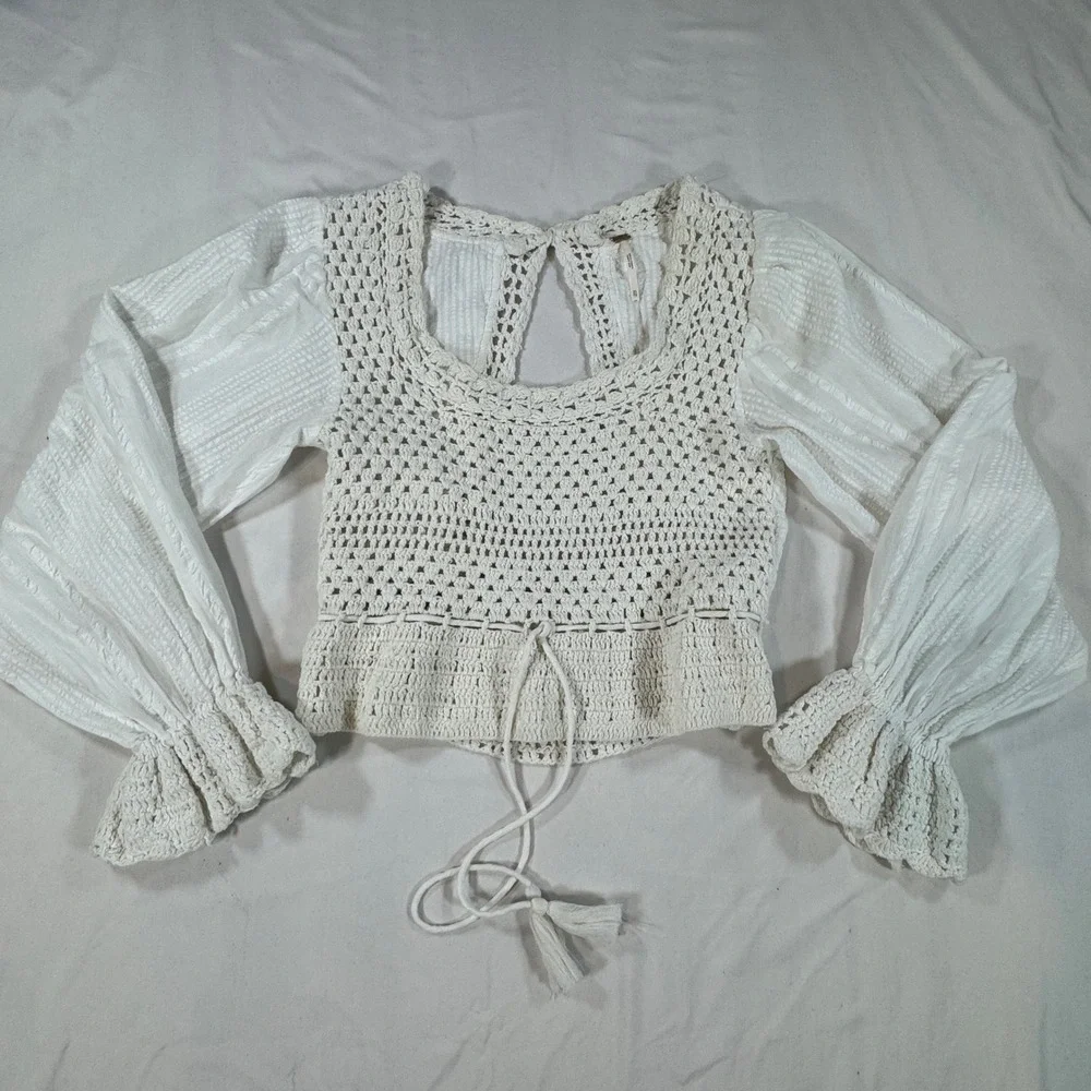 Free People Megan Crochet Top Size XS Ivory Puff Sleeves Open Back Boho Whimsy